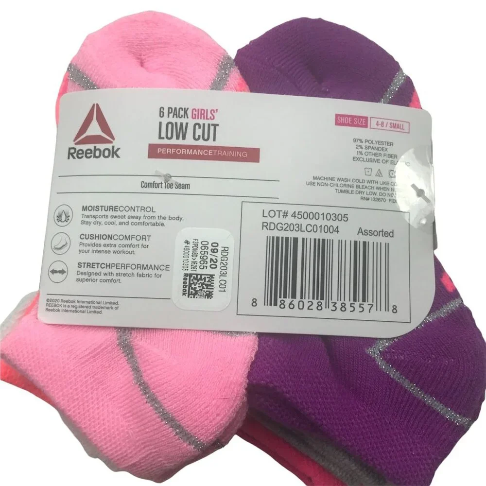 6 Pack Reebok Girl's Low Cut Socks Assorted Colors Size Small Shoe 4-8 New